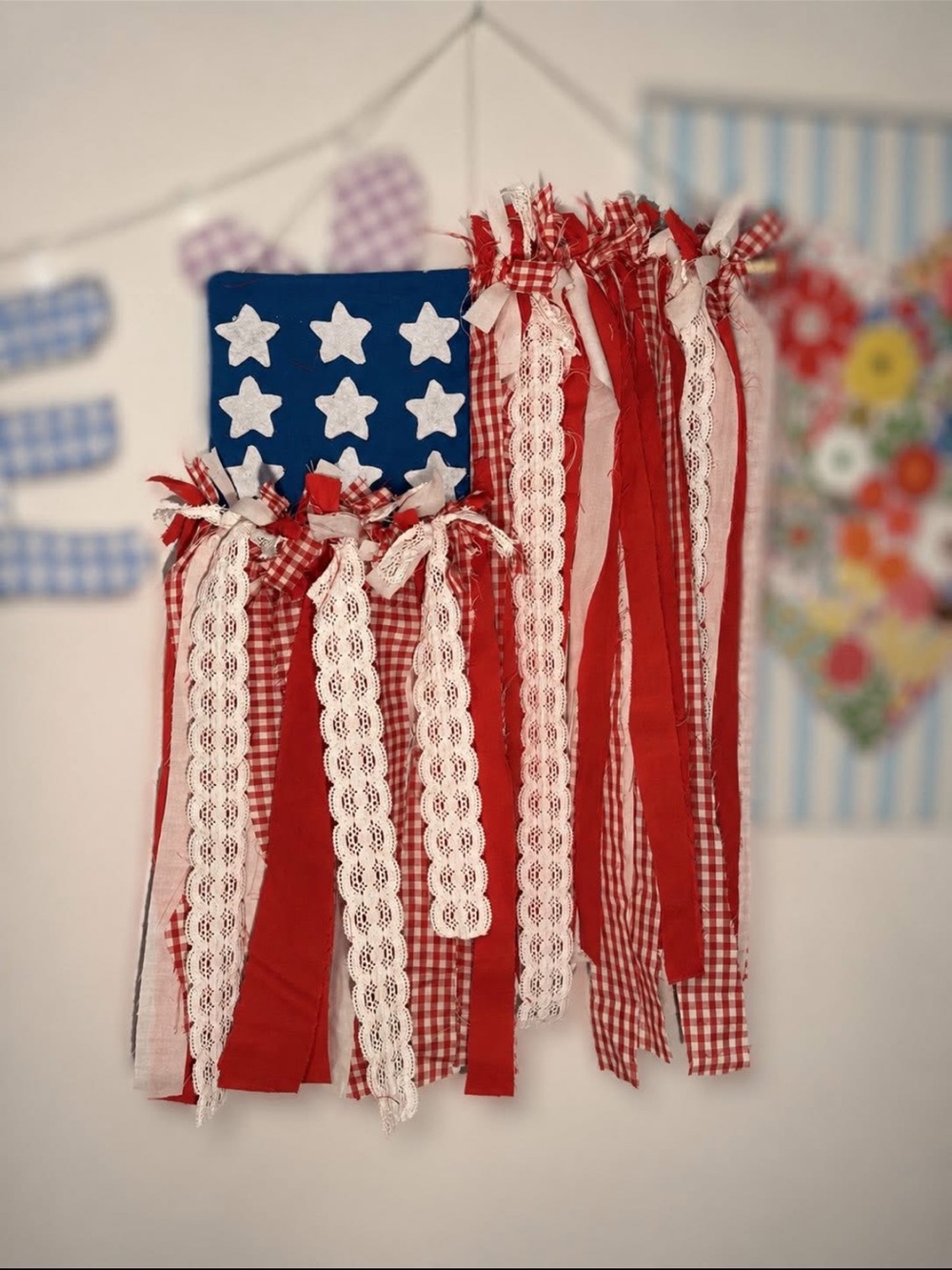 Handmade Red, White & Blue Fabric Flag Wall Hanging - Patriotic Home Decor